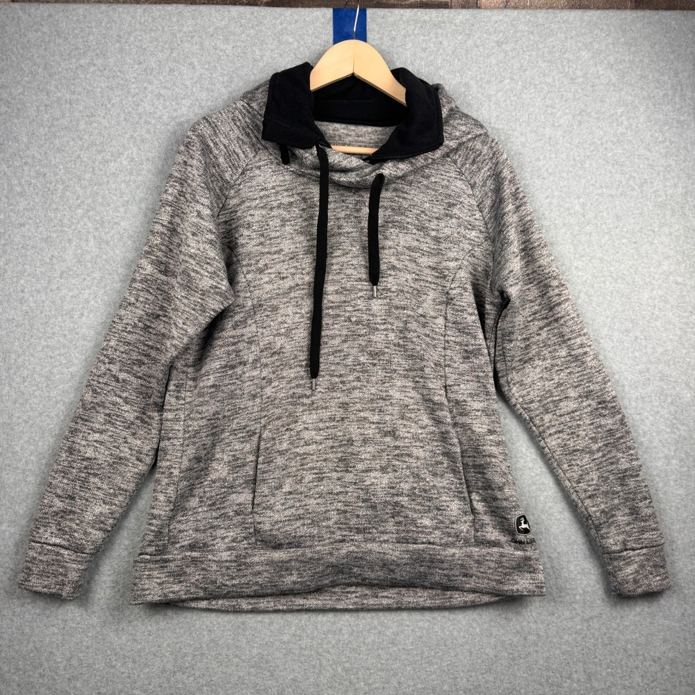 John Deere Hoodie Womens Large Gray Heathered Cowl Fleece Pullover Sweatshirt